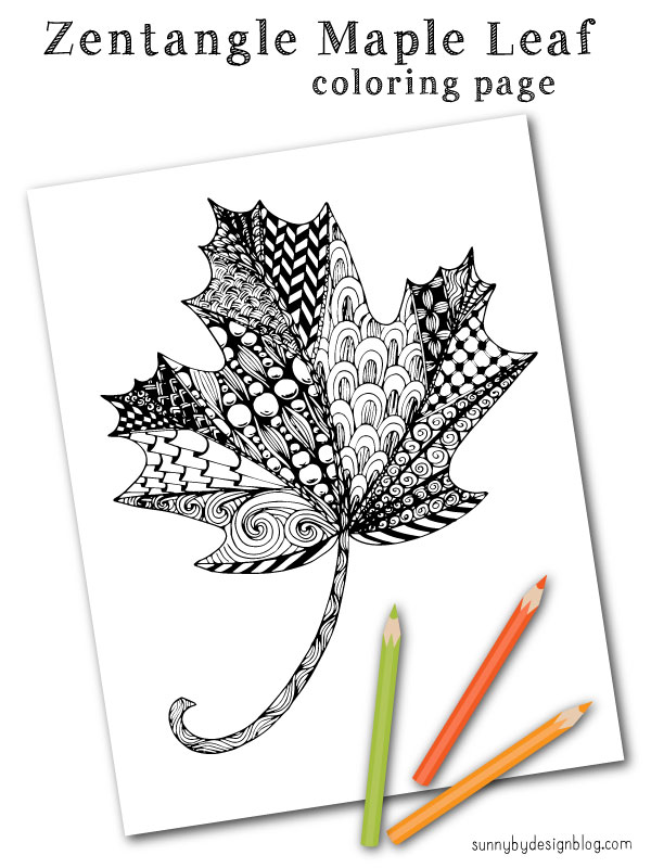 Sunny by design zentangle maple leaf coloring page