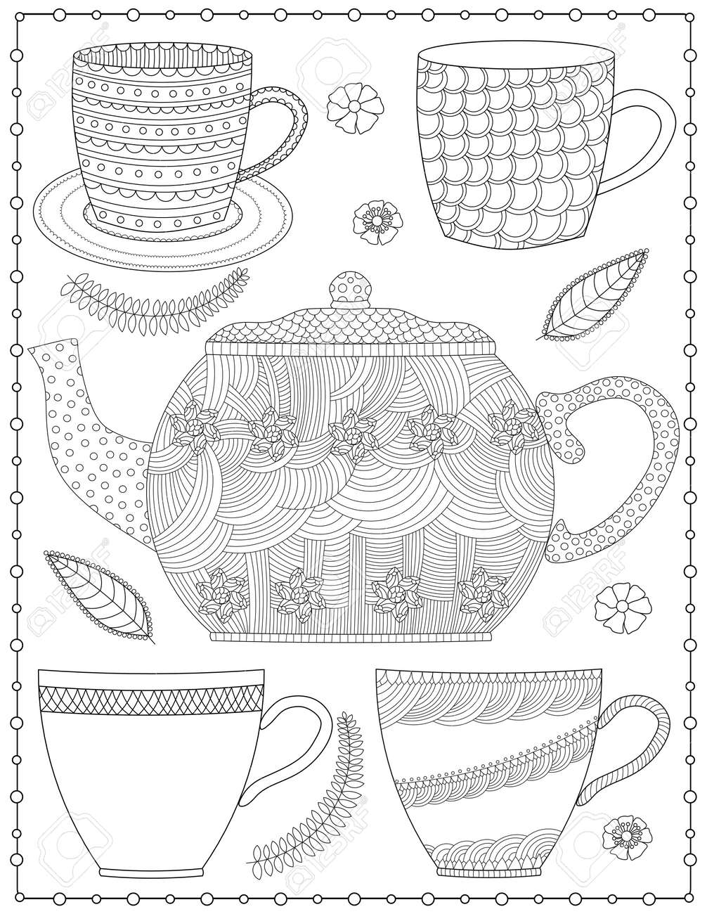 Cups and teapots flowers and leaves coloring page vector illustration royalty free svg cliparts vectors and stock illustration image