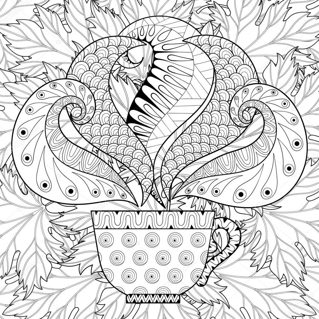 Zentangle stylized cup of tea with steam on fall leaves backgro stock vector by ipanki