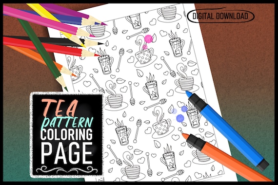 Tea pattern digital coloring page printable all