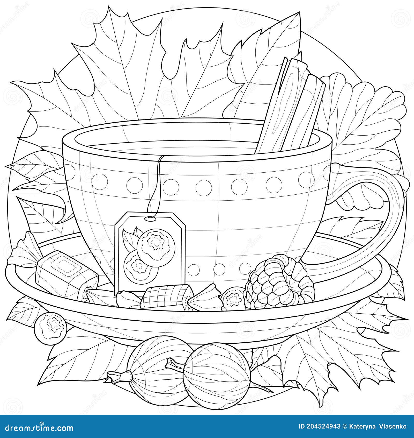 A cup of tea with berries sweets and cinnamon autumn illustrationcoloring book antistress for children and adults stock vector