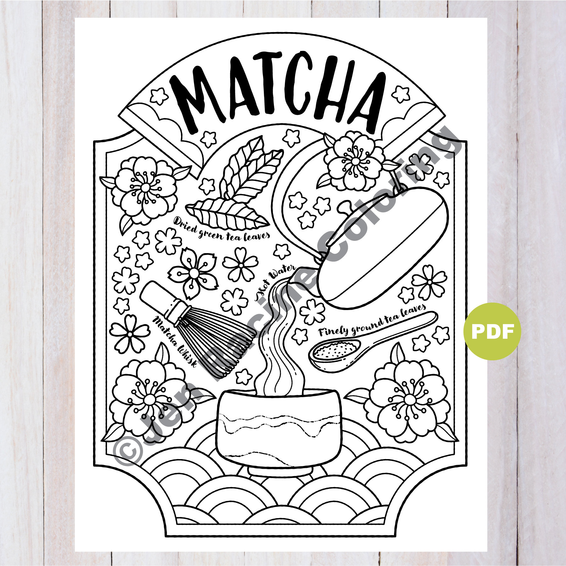 Matcha tea coloring page tea artwork digital download coloring page