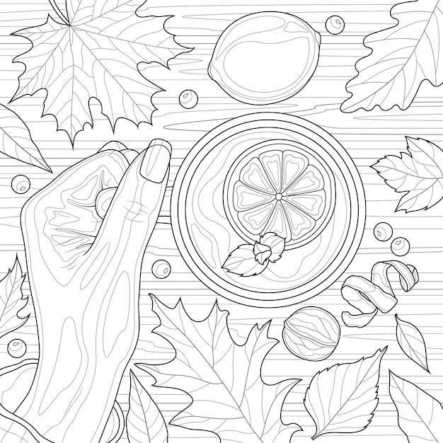 Premium vector hand with a cup of tea and autumn leavescoloring book antistress for children and adults
