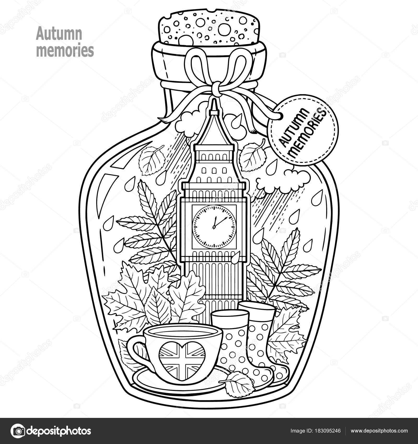 Coloring book adults glass vessel autumn memories dreams trip london stock vector by natasha