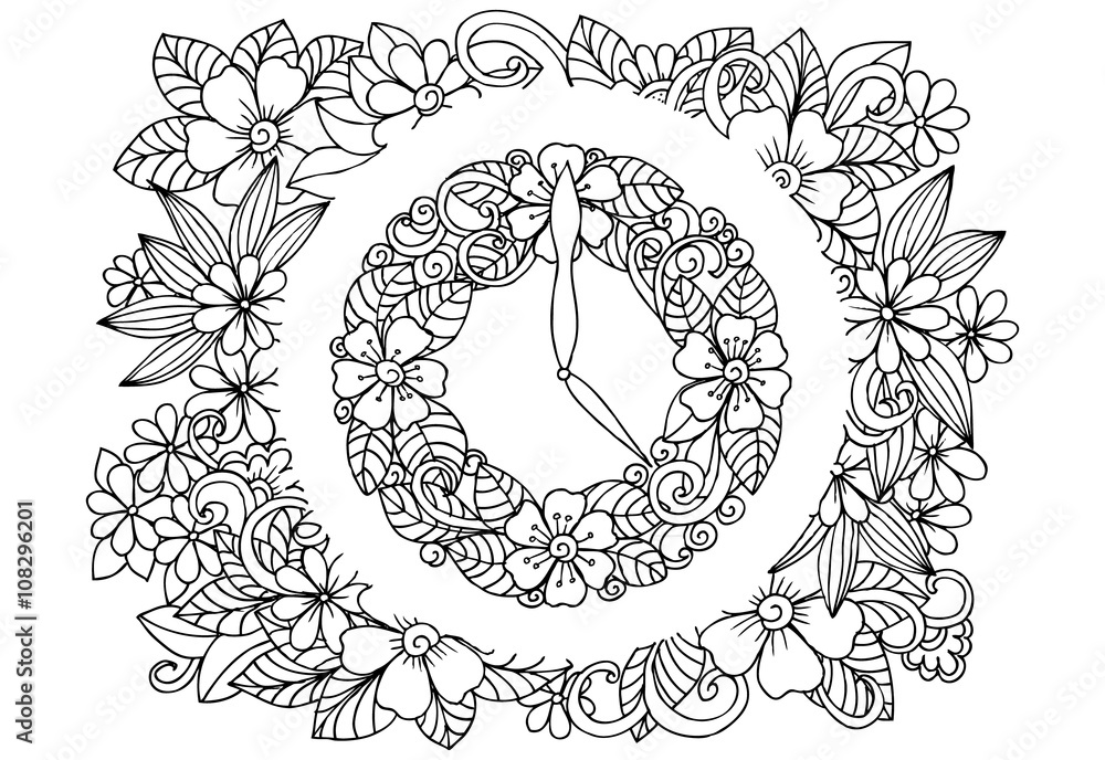 Contrasted adult coloring page with flowers and leaves five oclock
