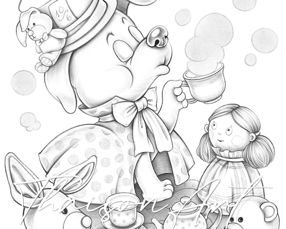 Tea party printable adult coloring page alice in wonderland mad hatter dog animals toy cute coloring page coloring page for kids