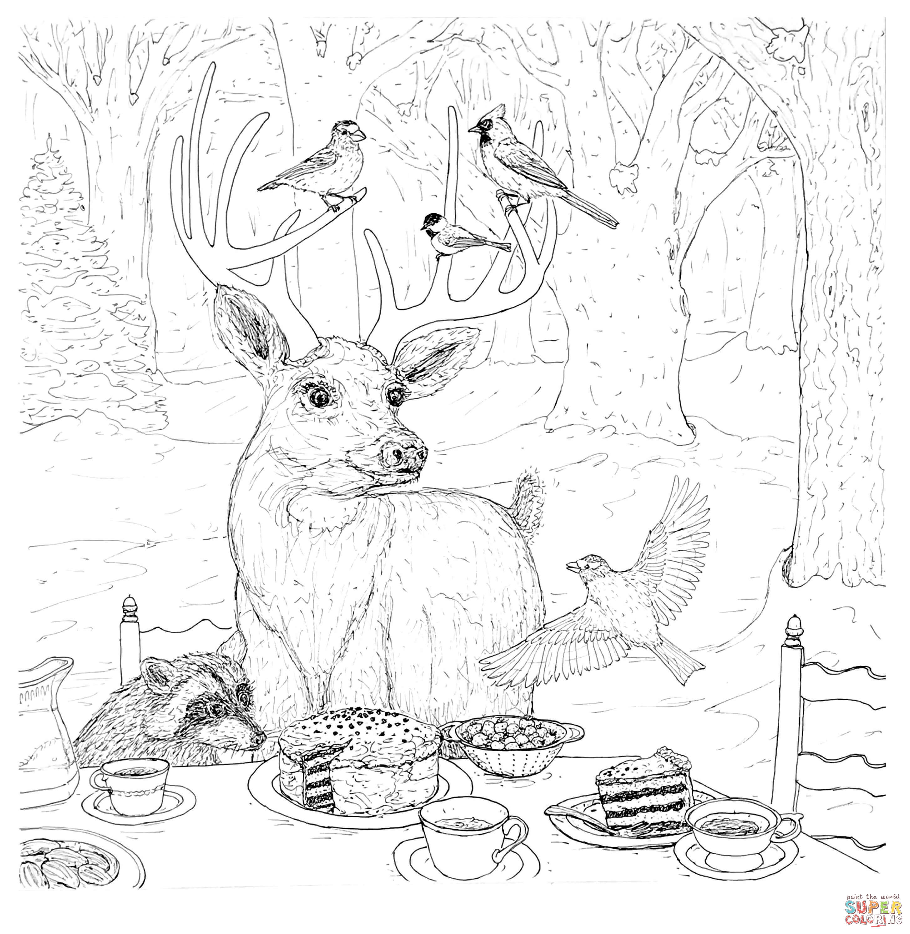 Tea party with animals coloring page free printable coloring pages