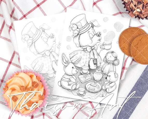 Tea party printable adult coloring page alice in wonderland mad hatter dog animals toy cute coloring page coloring page for kids