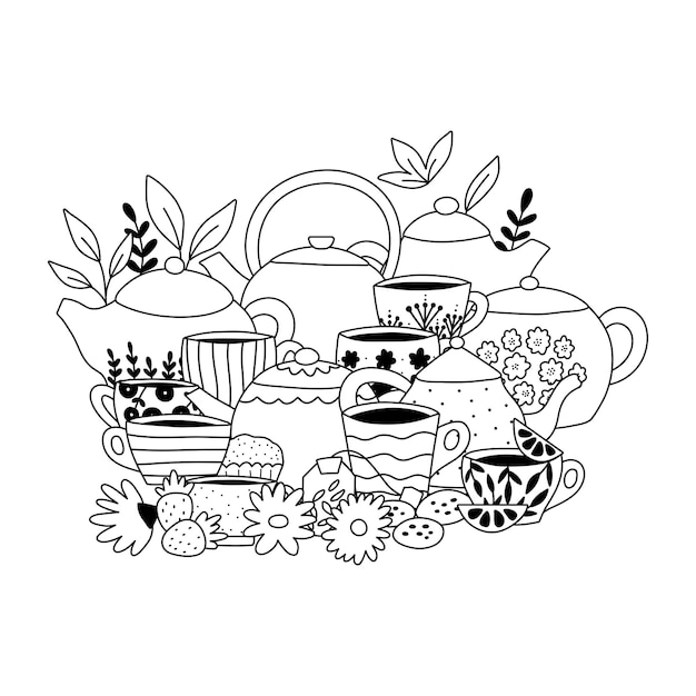 Premium vector doodle coloring page with tea pots and cups