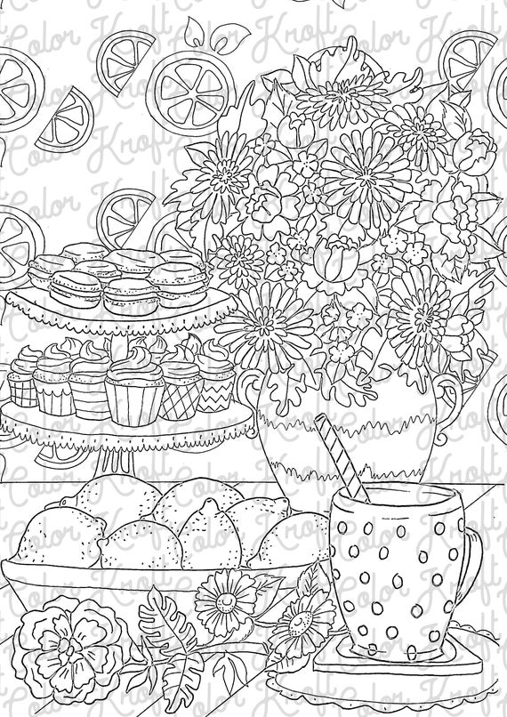 Country tea party coloring page printable digital download coloring