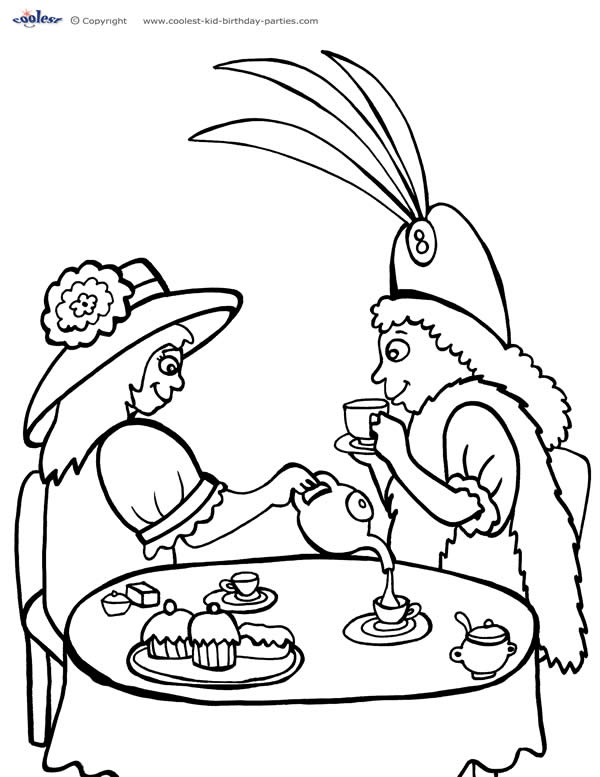 Printable tea party coloring page