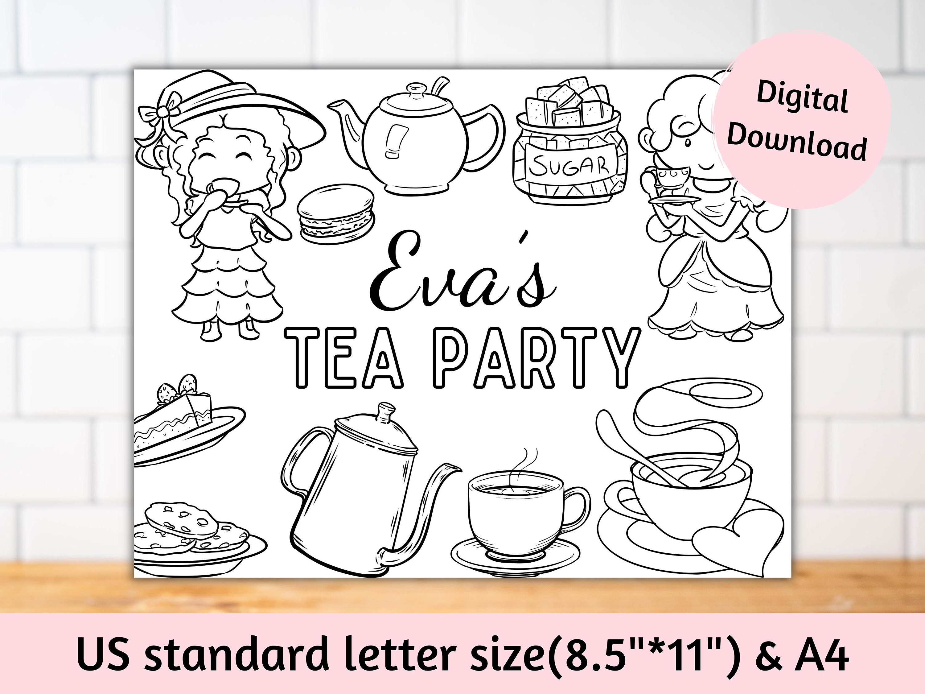 Personalized tea party coloring page for kids tea party favors tea party activity sheet printable games tea party placemats for kids