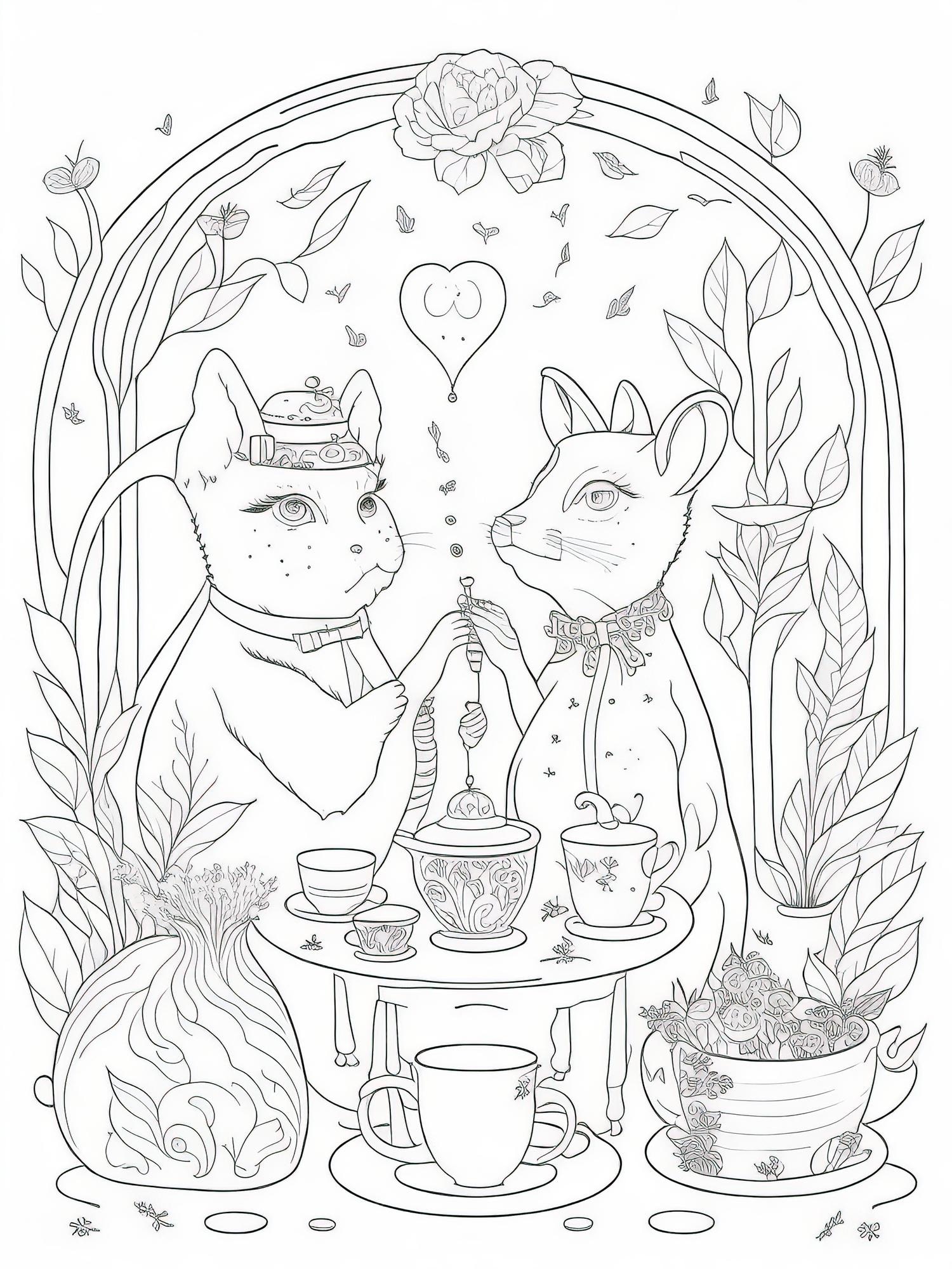 Premium vector embark on a whimsical adventure printable coloring page of tea party