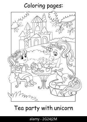 Magic kingdom coloring page for children with frog prince vector fairytale outline illustration with cute fantasy creature color book for kids with stock vector image art