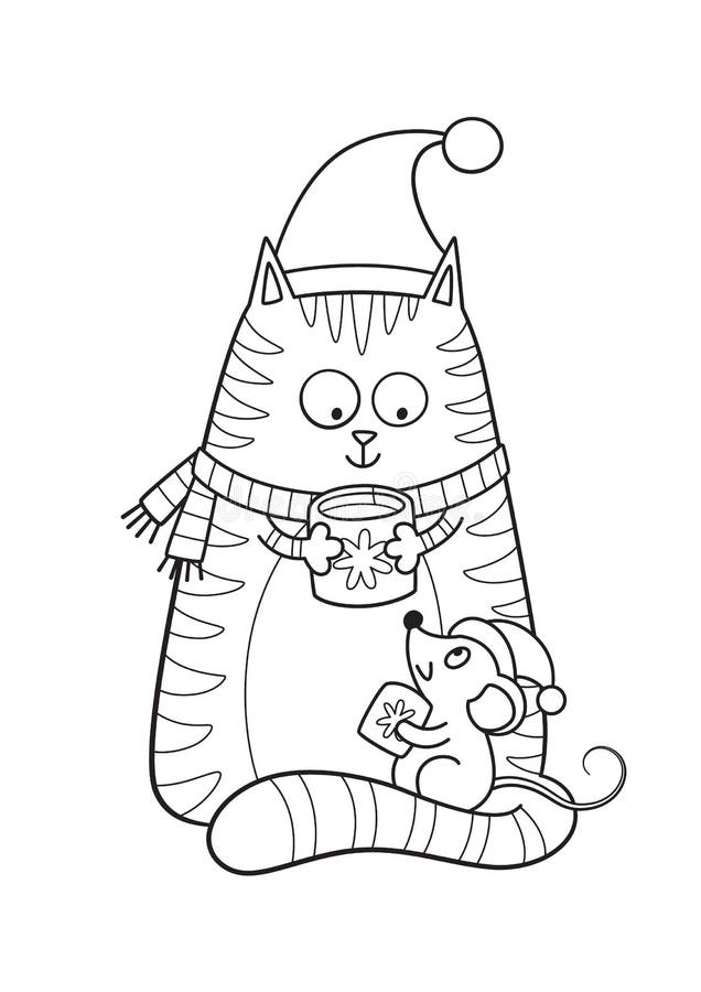 Doodle coloring book page cute cat and mouse tea party stock illustration