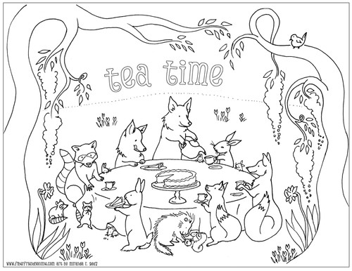 Coloring sheet tea time fiberfriends
