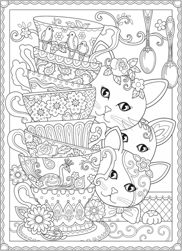 Download cats and tea cups coloring page â