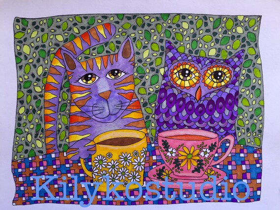 Owl cat coffee tea time adult coloring page instant digital download printable pdf