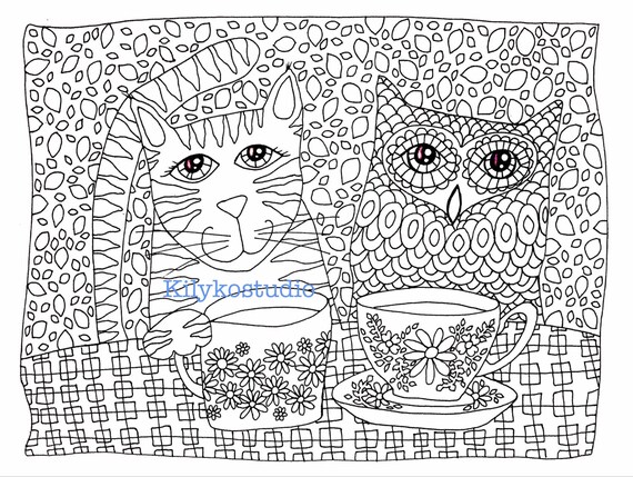 Owl cat coffee tea time adult coloring page instant digital download printable pdf