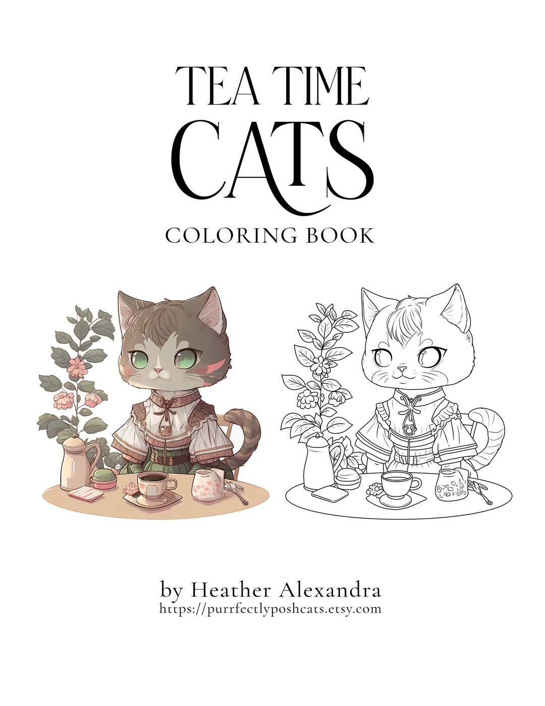 Victorian posh tea time cats digital coloring book instant download printable files stress relief relaxation and creativity