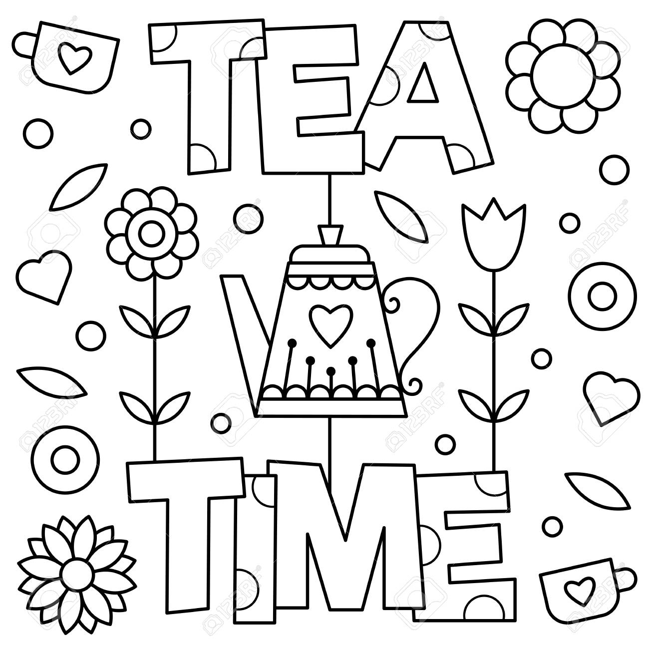 Tea time coloring page vector illustration royalty free svg cliparts vectors and stock illustration image