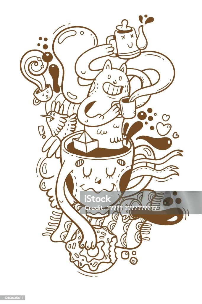 Card with cute cartoon cat drinking coffee funny mugs and cups tea time print vector contour image doodle line art stock illustration