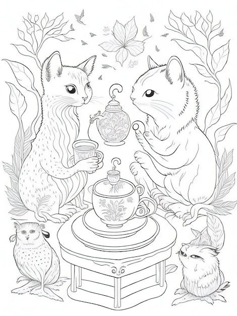 Premium vector embark on a whimsical journey printable coloring page of tea party