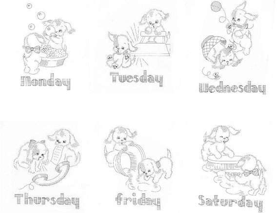 Vintage hand embroidery pattern design puppies for days of the week kitchen dish towels pdf instant download