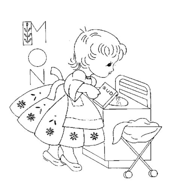 Digital hand embroidery pattern darling little girls for days of the week dish towels in pdf format instant download