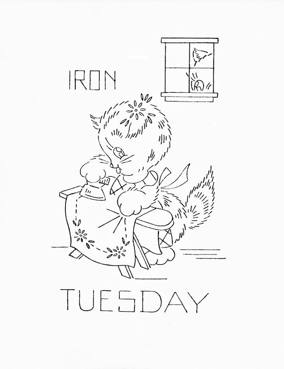 Cat tea towels day of the week towel embroidery pattern pdf download flour sack towels vintage kitchen towels cat towels vintage dish towels