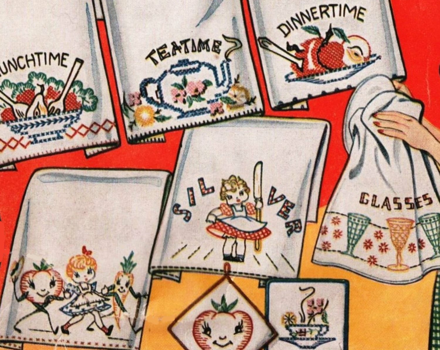 Vintage tea towel embroidery pattern diane pdf instant download mid century kitchen kitschy kitchen towel set dish towels retro towels download now