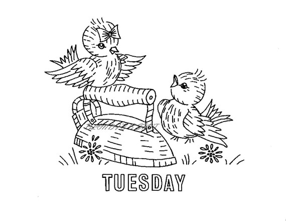 Busy blue birds for days of the week dish towels s digital hand embroidery pattern in pdf format instant download