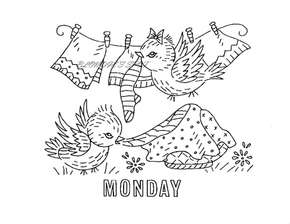 Busy blue birds for days of the week dish towels s digital hand embroidery pattern in pdf format instant download