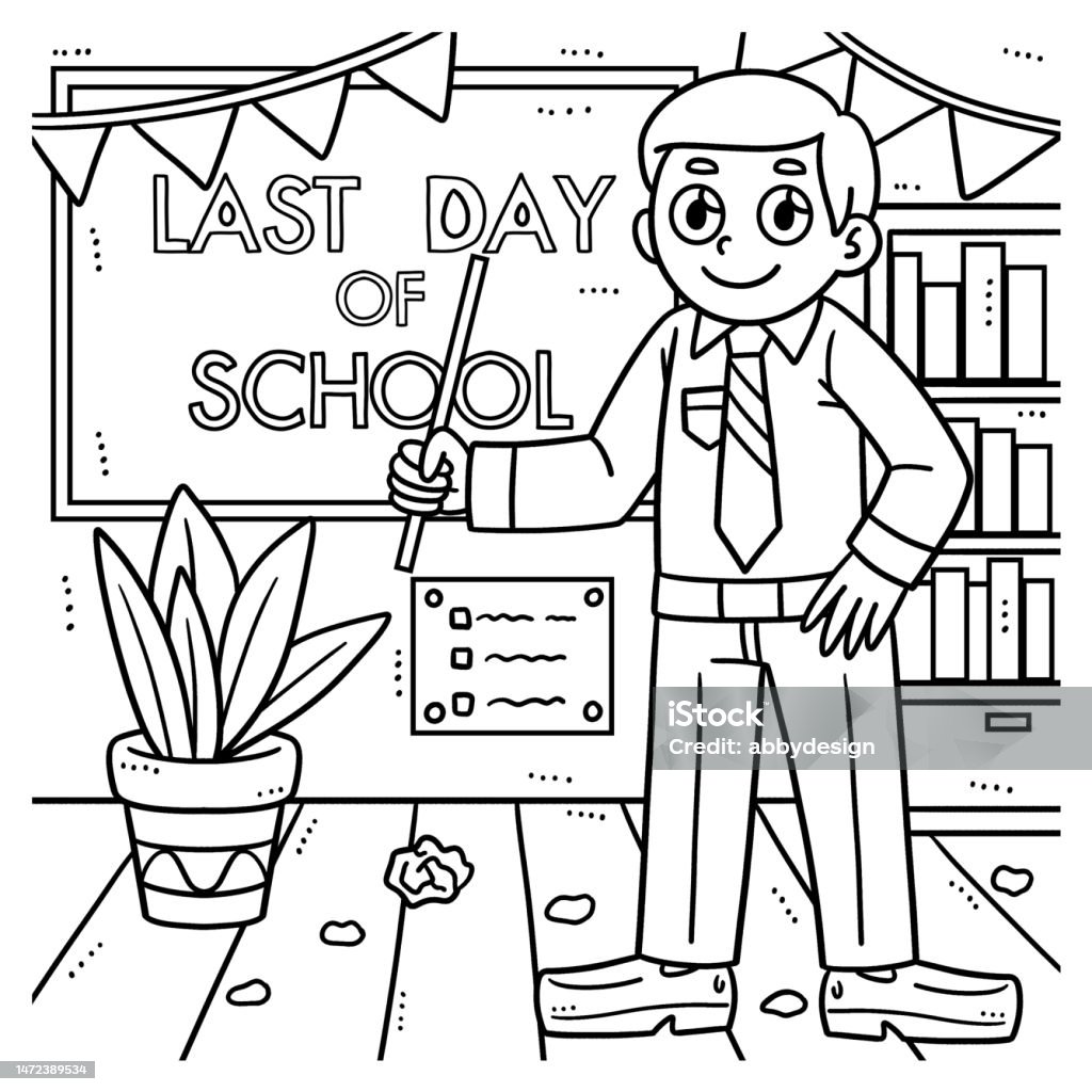 Last day of school teacher coloring page for kids stock illustration