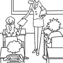 Teacher distributing sheets to the pupils coloring pages