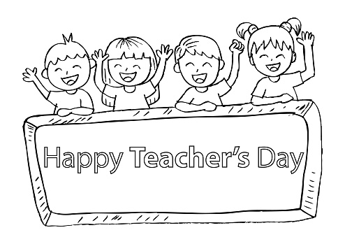 Happy teachers day with cute kids stock illustration