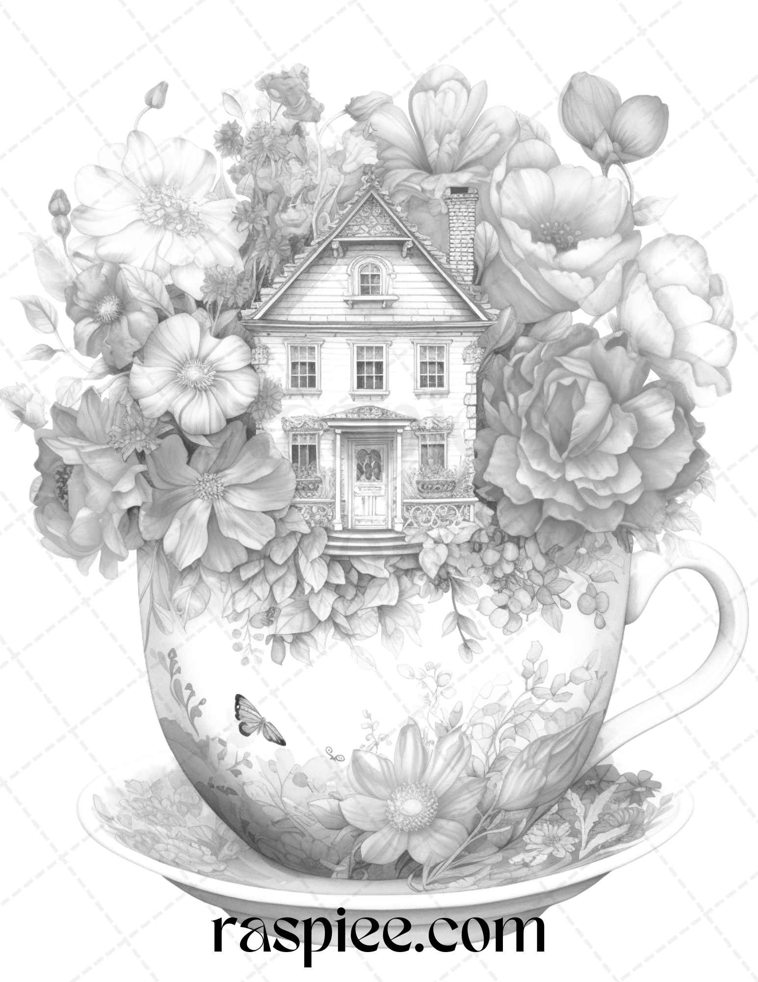 Flower teacup fairy houses grayscale coloring pages printable for a â coloring