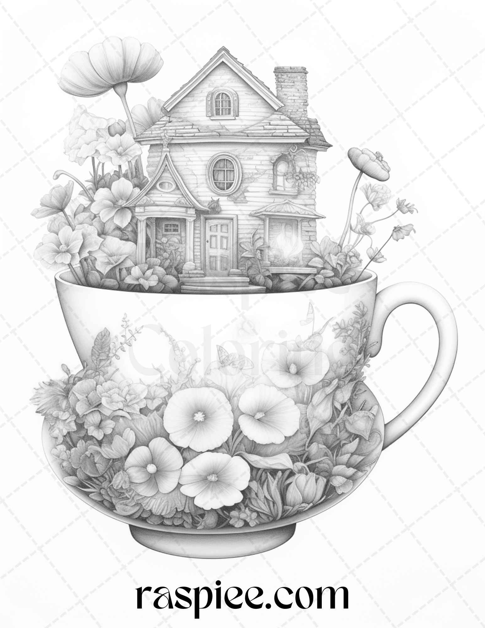 Flower teacup fairy houses grayscale coloring pages printable for a â coloring