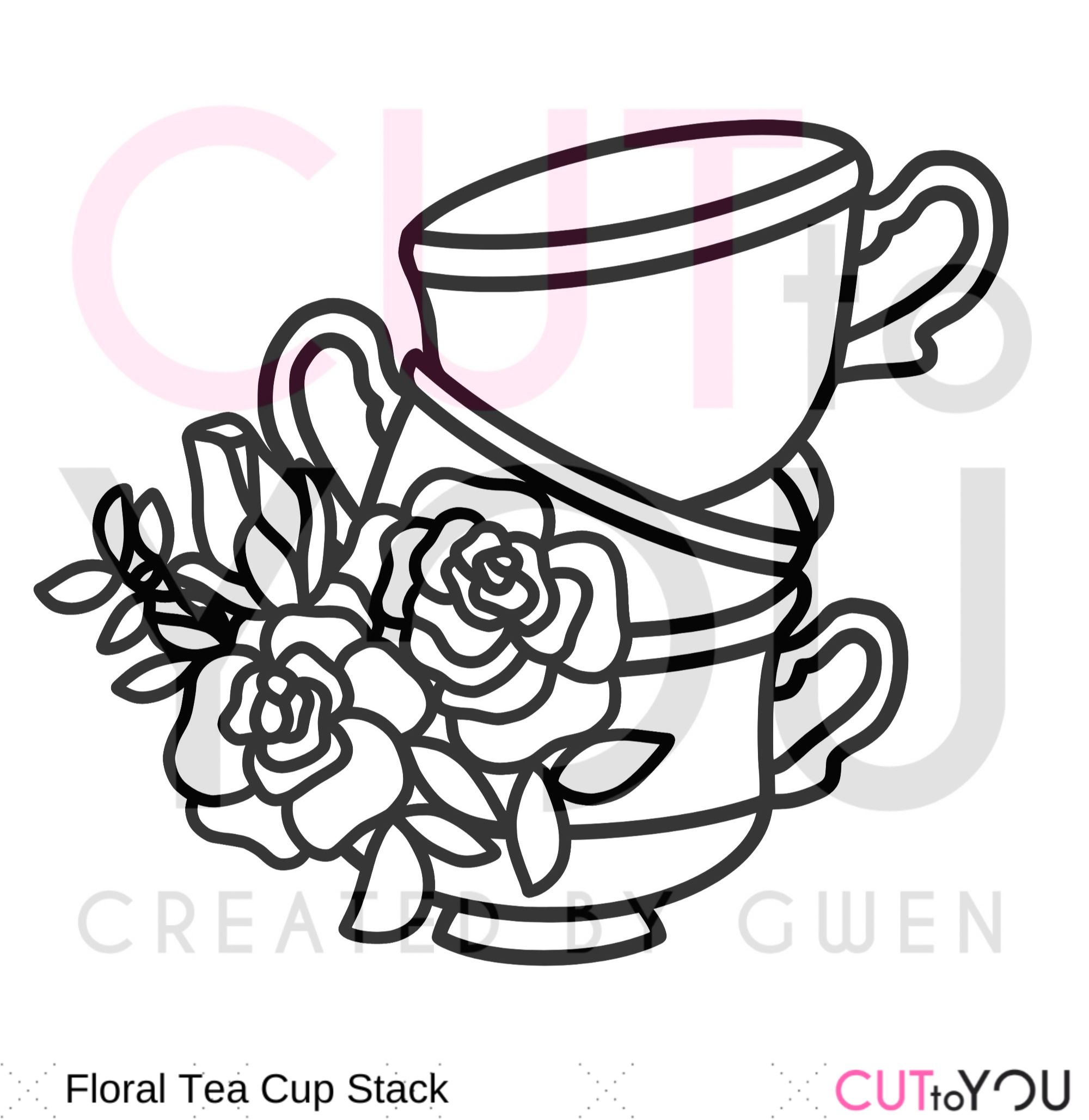 Floral tea cup stack digital cut file