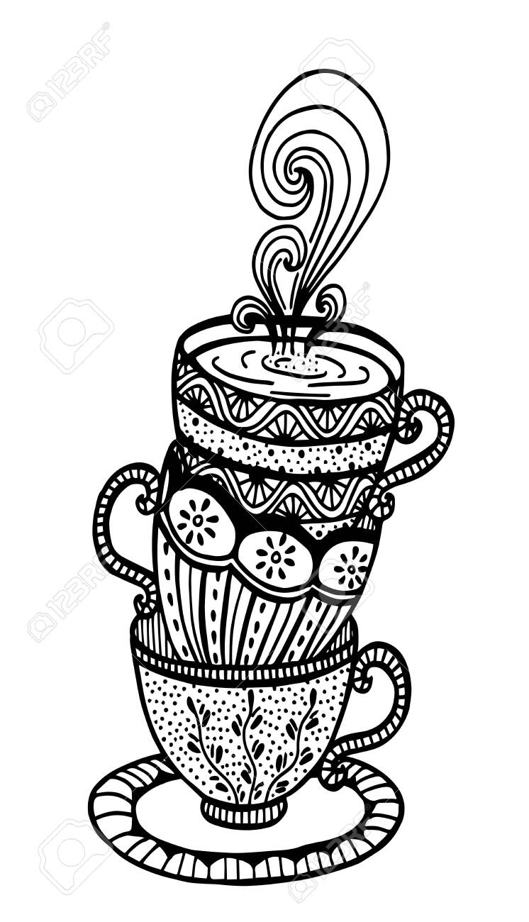 Vector hand drawn stack of cup illustration for adult coloring book freehand sketch for adult anti stress coloring book page with doodle royalty free svg cliparts vectors and stock illustration image