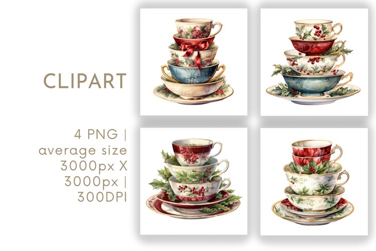 Christmas teacup stack watercolor clipart png