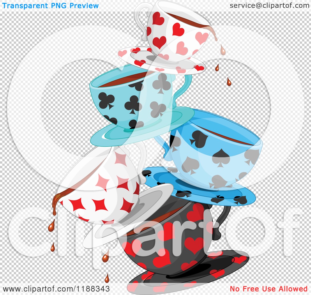 Cartoon of stacked dripping tea cups patterned in playing card suit shapes