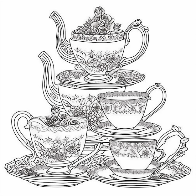 Premium ai image a black and white drawing of a stack of tea cups generative ai