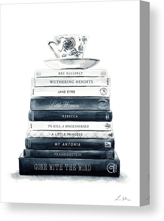 Female author book stack with teacup in neutrals canvas print canvas art by laura row