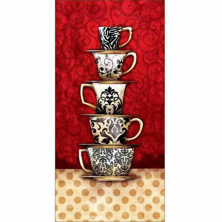 Stack of kitchen coffee cup damask patterned mugs polka dots painting red tan canvas art by pied piper creative