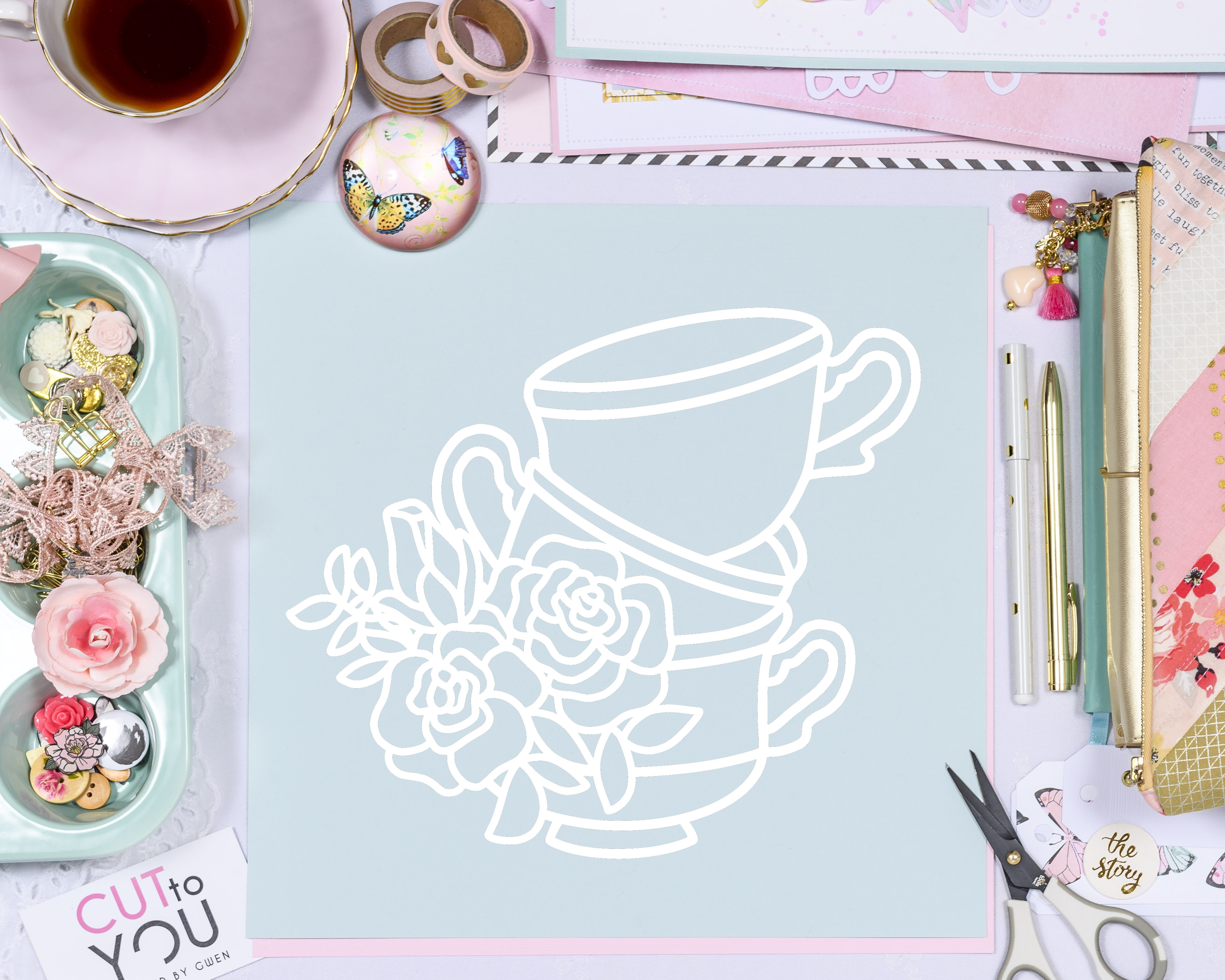Floral tea cup stack digital cut file