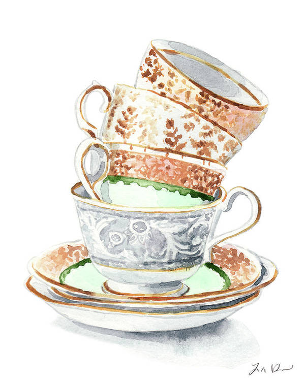 Teacups collection antique watercolor painting
