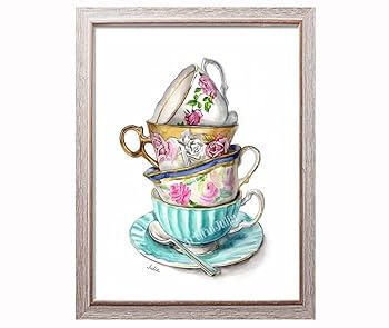 A stack of teacups art print stacked tea cups floral teacup print kitchen print of original watercolor painting handmade products