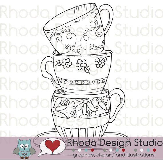 Stack of tea cups digital clip art coloring stamps