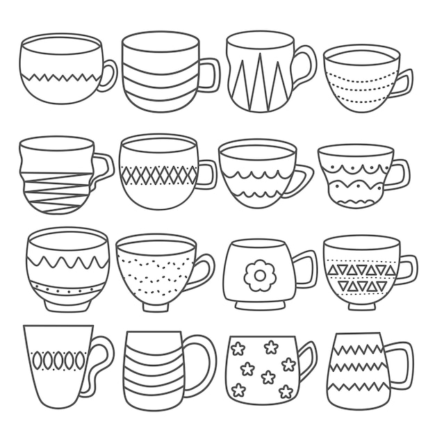 Premium vector cup doodles collection hand drawn tea cup doodles for coloring page